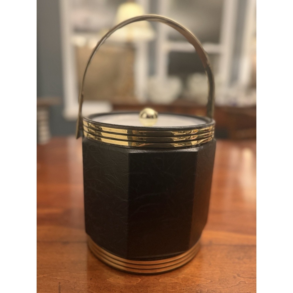 Vintage Mid-Century Modern Octagonal Ice Bucket Navy Blue Faux Leather w/h Brass